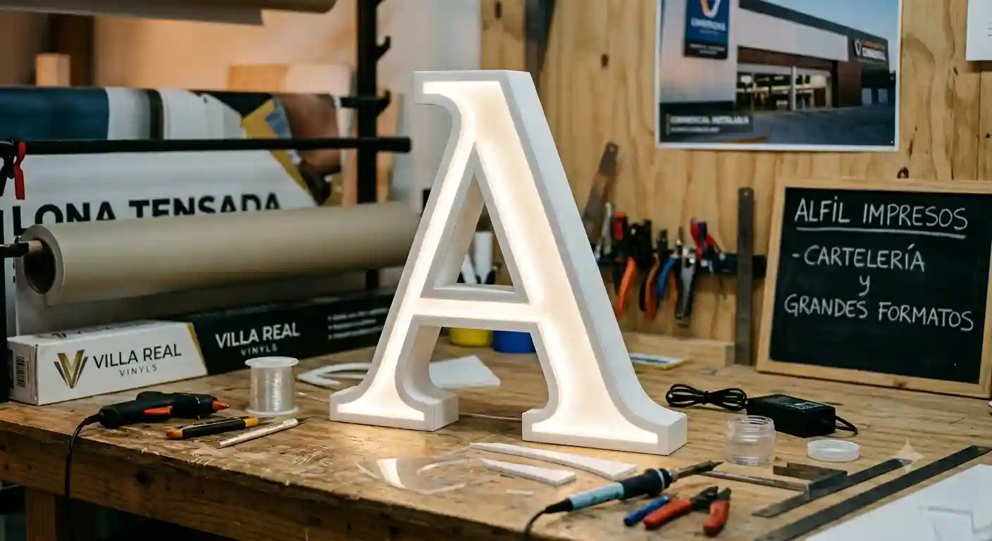 Letras corpóreas premium sobre mesa de trabajo de taller con iluminación LED encendida y herramientas de precisión