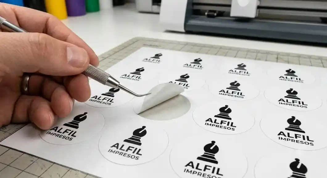 Plancha de etiquetas autoadhesivas circulares en proceso de troquelado